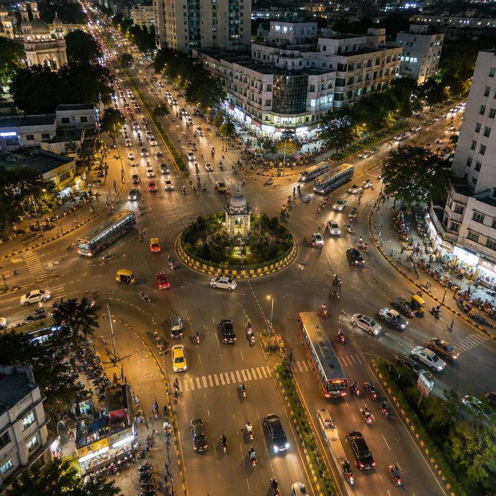 Illustrative night-time Indian road junction
